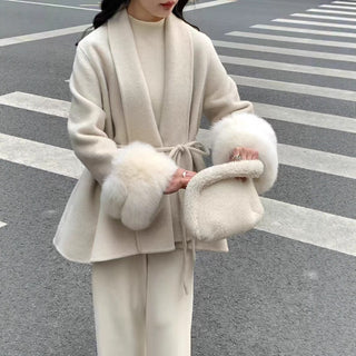 Fur Cuff Belted Knit Cardigan – Long Sleeve Wrap Design