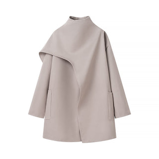 High Neck Asymmetric Wool Blend Coat with Side Pockets