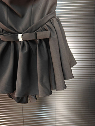 Bow-Detail Strapless Mini Romper with Flounce Skirt Overlay