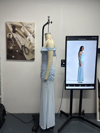 Draped Asymmetric Mesh Long Dress