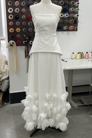 Strapless Lace-Up Corset Long Dress with Pleated Skirt and 3D Floral Trim