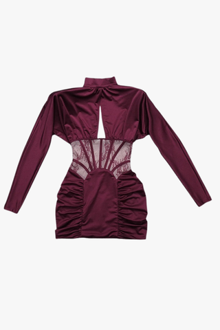 High-Neck Long Sleeve Corset Dress with Lace Panel & Ruched Skirt