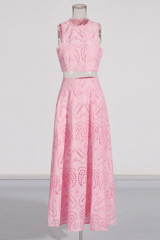 Sky Bloom Embroidered Eyelet Set  Round Neck Crop Top & High-Waist Maxi Skirt