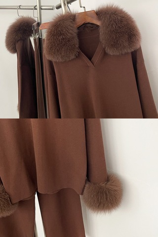 Faux Fur Trim Knit Two-Piece Set – Long Sleeve Top & Wide-Leg Pants