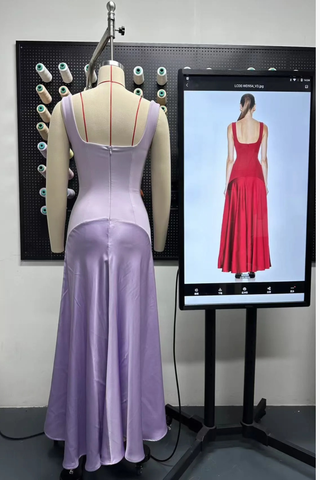 Square Neck Fitted Bodice Long Dress with Flared Satin Skirt