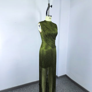 Metallic Fringe High Neck Sleeveless Long Dress