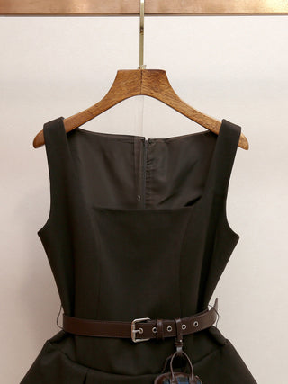 Sleeveless Short Structured Mini Dress with Layered Hem and Belt Detail