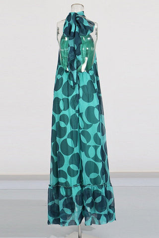 Sleeveless Halter Neck Open-Back Printed Chiffon Long Dress with Ruffle Hem