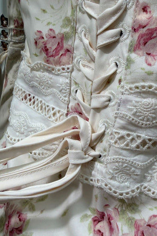 Floral Print Long Dress – Lace Trim, Tie Straps, Defined Waist & Corset Back