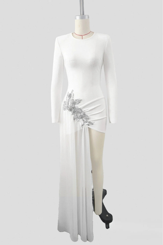 Embellished Long Sleeve Bandage Dress with Asymmetric Sheer Drape