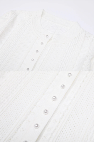 Two-Piece Textured Knit Set – Pearl-Button Cardigan & Flared Maxi Skirt