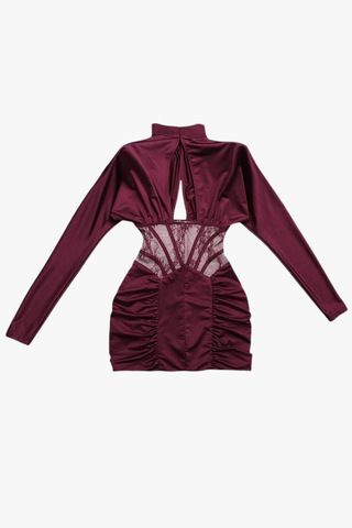 High-Neck Long Sleeve Corset Dress with Lace Panel & Ruched Skirt