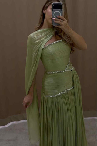 Crystal Trim Draped Scarf Long Dress