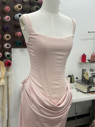 Structured Corset Back Long Dress with Draped Silhouette