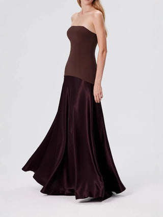 Strapless Sleeveless Structured Bodice Satin Skirt Long Dress