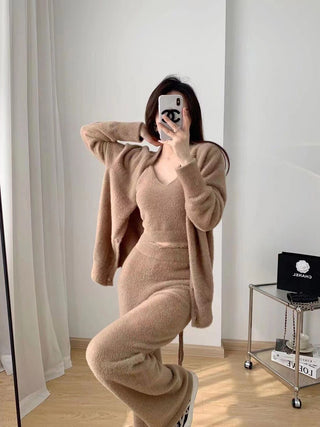 3-Piece Fuzzy Knit Lounge Set – Tank, Wide-Leg Pants & Cardigan