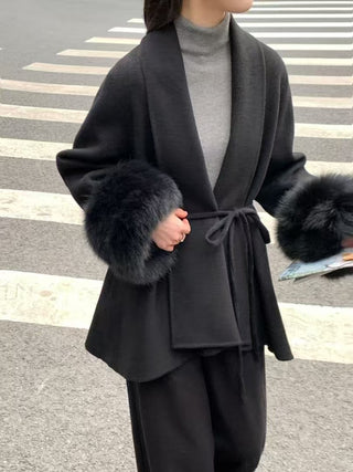 Fur Cuff Belted Knit Cardigan – Long Sleeve Wrap Design