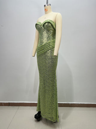Strapless Sequin Corset Ruched Long Dress