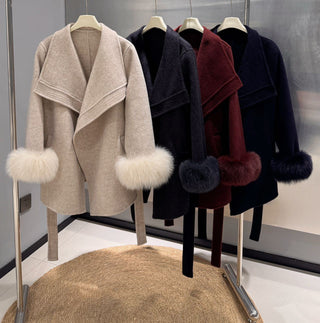 Wrap Belted Wool-Blend Jacket with Fur Cuffs
