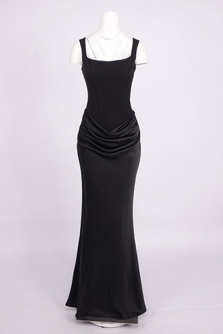 Structured Corset Draped Bodycon Long Dress with Wide Straps