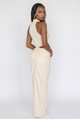 Luxe Halter Neck Cut-Out Long Dress with Draped Knot Detail