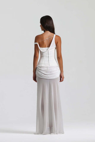 Draped Asymmetric Mesh Long Dress