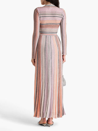 Metallic Striped Knit Maxi Dress with V-Neck and Long Sleeves