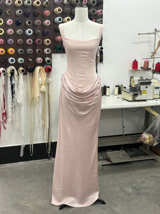 Structured Corset Back Long Dress with Draped Silhouette