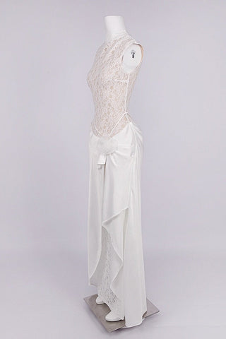 Sleeveless High Neck Lace & Draped Satin Rosette Long Dress