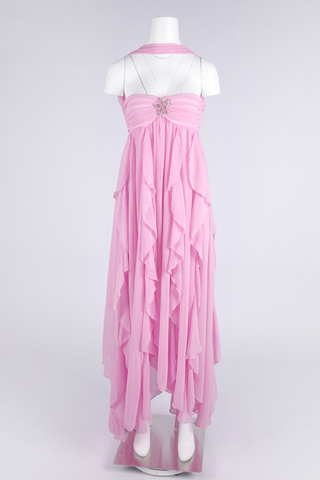 Strapless Ruffle Chiffon Long Dress with Rhinestone Starfish Brooch Backless, Layered Flowing Skirt