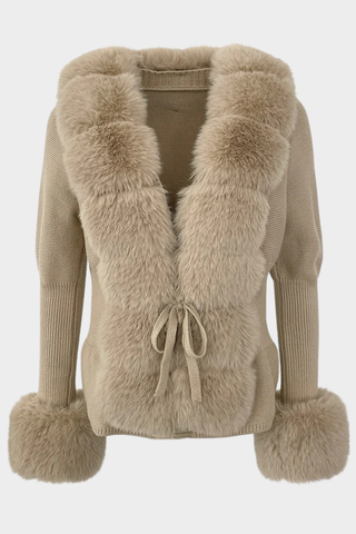 Long Sleeve Knitted Jacket with Faux Fur Trim – Tie-Front Design