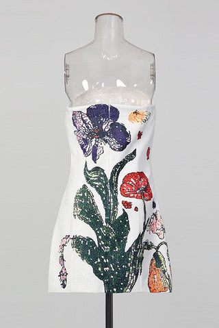Floral Strapless A-Line Mini Dress with Statement Flower Design