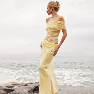 Off-Shoulder Ruched Mesh Cut-Out Long Dress