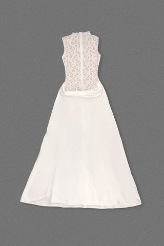 Sleeveless High Neck Lace & Draped Satin Rosette Long Dress
