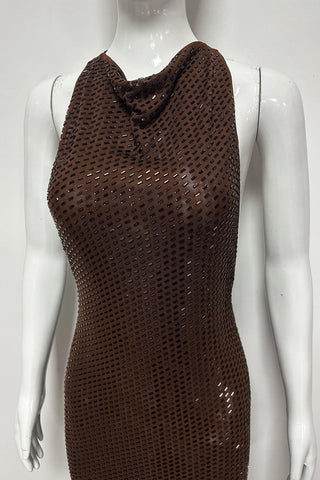 Embellished Cowl Neck Open Back Long Dress