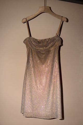 Crystal Embellished Cowl Neck Spaghetti Strap Mini Dress