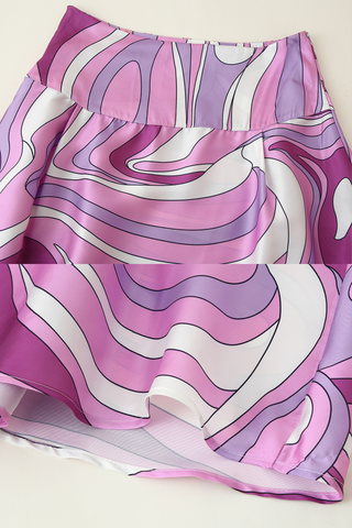 Retro Swirl Satin Two-Piece Set – Scarf Tie Crop Top & High-Waist Long Skirt