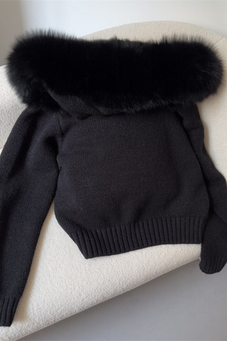 Faux Fur Trimmed Knitted Hooded Cardigan