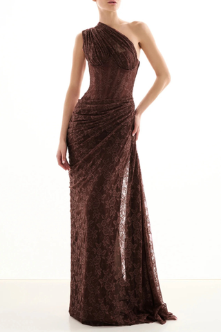 One-Shoulder Lace Long Dress with Sculpted Corset Fit