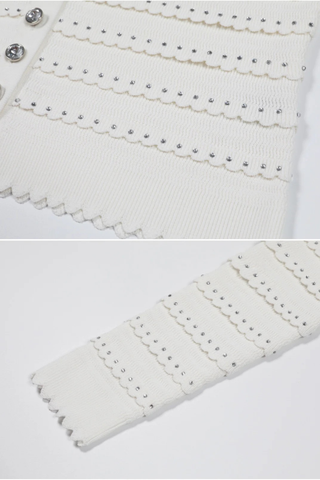 Three-Piece Knitted Set with Rhinestone Trim – Cardigan, Cami Top & Midi Long Skirt