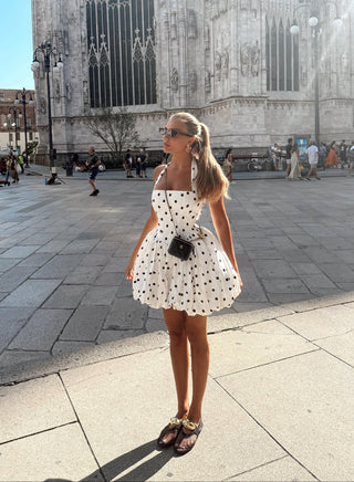 Vintage Polka Dot Puffball Mini Dress  Halter Neck Tie-Back &  Built-In Underskirt
