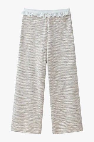 Textured Tweed Lace Trim Sleeveless Crop Top & Wide Leg Pants Set