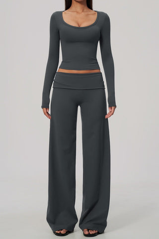 Scoop Neck Long Sleeve Top & Foldover Wide-Leg Pants Set