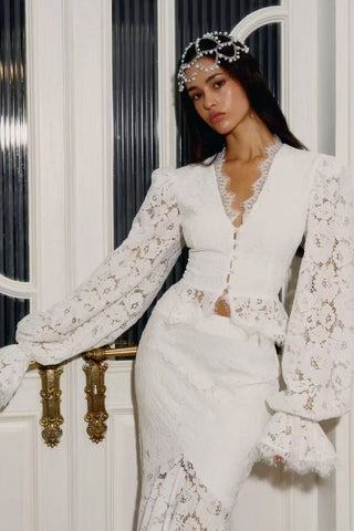 Elegant Lace Set – Long Sleeve Top with Flowy Midi Skirt