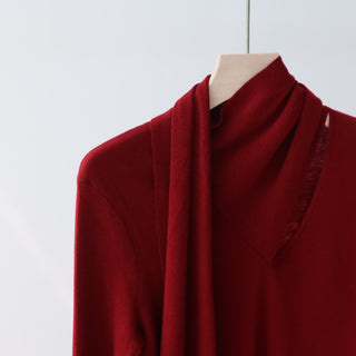 Long Sleeve Knit Top with Attached Scarf Detail and Regular Length