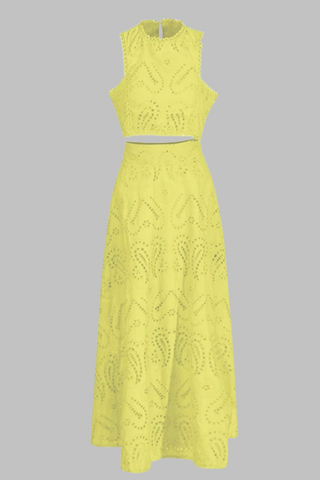 Sky Bloom Embroidered Eyelet Set  Round Neck Crop Top & High-Waist Maxi Skirt