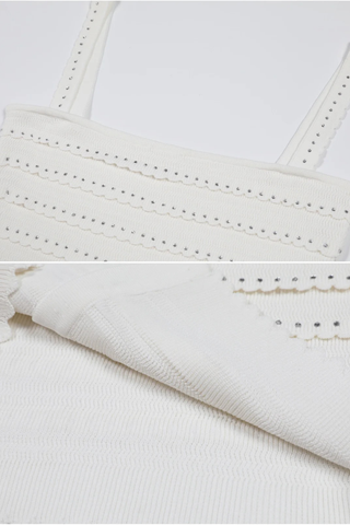 Three-Piece Knitted Set with Rhinestone Trim – Cardigan, Cami Top & Midi Long Skirt