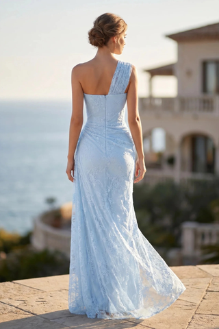 One-Shoulder Lace Long Dress with Sculpted Corset Fit