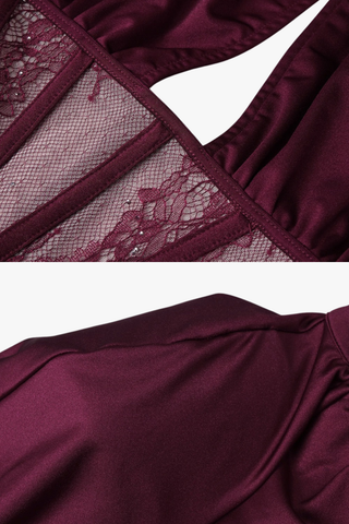 High-Neck Long Sleeve Corset Dress with Lace Panel & Ruched Skirt