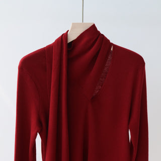 Long Sleeve Knit Top with Attached Scarf Detail and Regular Length